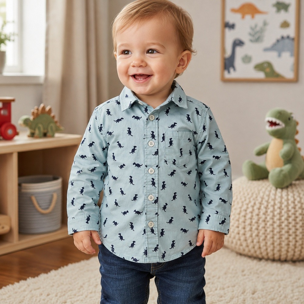Mick Mack LTD Boys 18M Blue Dinosaur Print Cotton Button Up Shirt